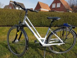 een fiets geparkeerd in het gras in een tuin bij Sielresidenz in Greetsiel