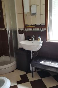 La salle de bains est pourvue d'un lavabo, d'une douche et de toilettes. dans l'établissement Apartments by the sea Ploce, Neretva Delta - Usce Neretve - 16195, à Ploče