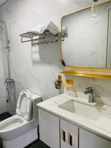 ハノイにあるRubic Home Ba Vi - Venuestayの洗面台、トイレ、鏡のあるバスルーム