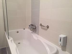 a white bath tub in a bathroom with a shower at Apartments with WiFi Zagreb - 16284 in Zagreb