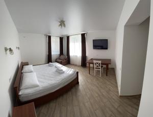 Schlafzimmer mit einem Bett, einem Schreibtisch und einem TV in der Unterkunft Complex Zolota Pidkova in Zolochiv