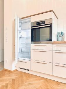 eine leere Küche mit offenem Kühlschrank in der Unterkunft Modernes Apartment am See mit Terrasse in Großräschen