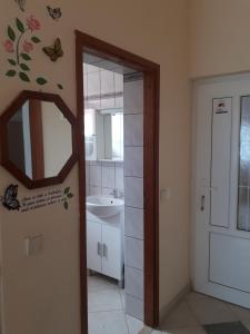 ein Badezimmer mit einem Spiegel und einem Waschbecken mit Schmetterlingen an der Wand in der Unterkunft Apartments by the sea Nin, Zadar - 15842 in Nin