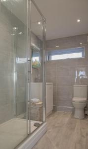 a bathroom with a glass shower and a toilet at Hegarty's cottage at Trevarrian Lodge in Mawgan Porth