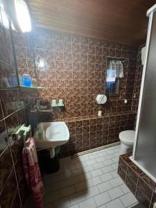 Restaurace a penzion Na Růžku في Mořina: حمام مع حوض ومرحاض