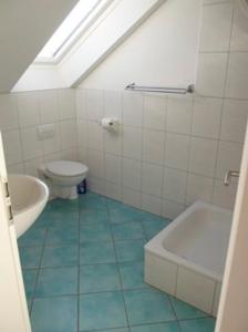 a bathroom with a toilet and a tub and a sink at "Ferienhaus Vadersdorf" Wohnung 2 in Vadersdorf