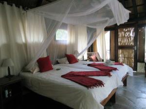 a bedroom with two beds with white sheets and red pillows at Lianshulu BUSH Lodge in Kongola
