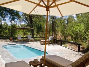 Kongola的住宿－Lianshulu BUSH Lodge，一个带遮阳伞和椅子及桌子的游泳池