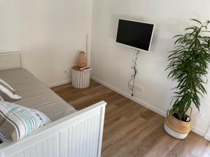 ein Schlafzimmer mit einem Bett und einem TV an der Wand in der Unterkunft Villa poétique proche de Lyon in Saint-Marcel-en-Dombes