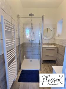 a bathroom with a shower and a sink at L'Eden de Miss.K Conciergerie in Châtillon-sur-Chalaronne