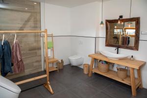 La salle de bains est pourvue d'un lavabo, d'un miroir et de toilettes. dans l'établissement Hiska B&N Podlehnik, à Podlehnik