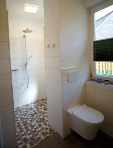 La salle de bains est pourvue d'une douche et de toilettes. dans l'établissement Ferienwohnung Busch, à Bad Sachsa