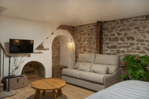 a living room with a couch and a tv at Le Place Du Bourg Appartement T2 Centre Historique Rodez in Rodez