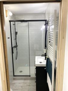 y baño con ducha y lavamanos. en Charmant appartement rénové 4 couchages Arcachon centre en Arcachón