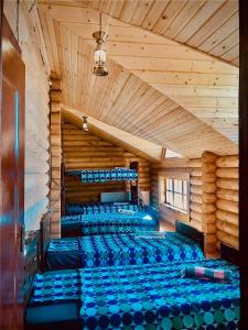an empty auditorium with blue seats in a wooden room at Mate's Shack in Khulo