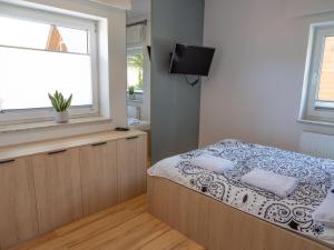 a bedroom with a bed with a television and a window at Domki nad potokiem in Muszynka