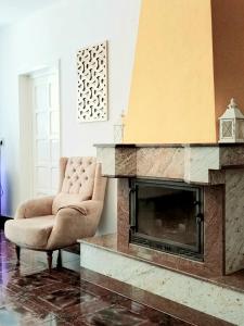 a living room with a fireplace and a chair at Pensiune Forest Park in Baia Mare