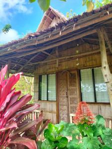 een houten huis met ramen en planten ervoor bij Canjahawon Nipa Hut Homestay in Siquijor