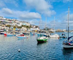 a group of boats docked in a harbor with buildings at Captains Rest - 2 bedroom apartment in the heart of Brixham in Brixham