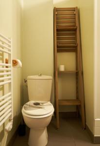 La salle de bains est pourvue de toilettes blanches et d'une échelle. dans l'établissement La Cabane en Ville, à Riom