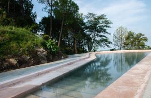 a swimming pool in a resort with trees in the background at Amaya Kasauli in Kasauli