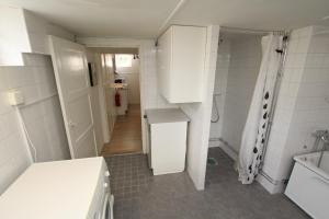 baño blanco pequeño con lavabo y ducha en Tallkrogen Romantic House - Upper or Lower Apartment, en Estocolmo