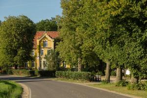 a house on the side of a road with trees at Mitten in der Natur : Ferienwohnung mit 3 Schlafzimmern, neu eingerichtet in Neu Gaarz