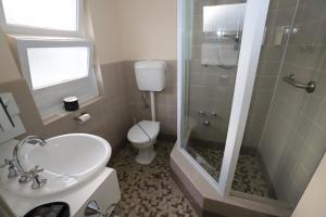 a bathroom with a shower and a toilet and a sink at Townhouse Motel Cowra in Cowra