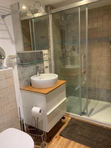 a bathroom with a sink and a shower at Magnifique appartement 8 couchages dans villa historique in Jausiers