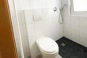 La salle de bains est pourvue d'une douche et de toilettes blanches. dans l'établissement Equipped Apartment in Düren, à Düren