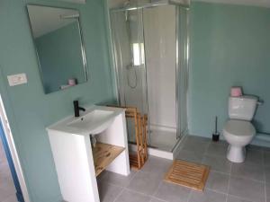 uma casa de banho com um lavatório, um chuveiro e um WC. em Logements Bonne Nouvelle em Rostrenen