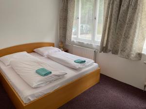 a bedroom with a bed with two towels on it at Penzion Na Srubech in Hora Svaté Kateřiny