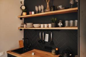 a kitchen with a sink and a shelf with utensils at Amberhouse in Piejūti
