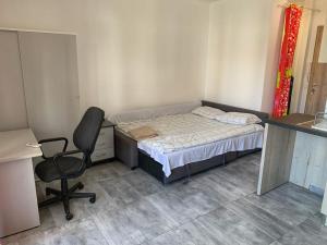 Schlafzimmer mit einem Bett, einem Schreibtisch und einem Stuhl in der Unterkunft Green Gardens Apartment by LMG in Sofia