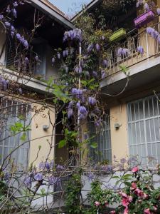 un bâtiment avec des fleurs violettes sur un balcon dans l'établissement Isola Libera, à Milan
