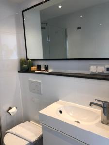 La salle de bains est pourvue d'un lavabo et d'un miroir. dans l'établissement Short Stay Zandvoort, à Zandvoort