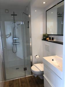 a bathroom with a shower and a toilet and a sink at Short Stay Zandvoort in Zandvoort
