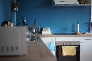 una cucina con piano cottura e parete blu di Petit appartement cosy à Troyes a Troyes