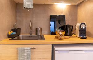 eine Küchentheke mit einem Waschbecken und einem Spiegel in der Unterkunft La Chambre Suspendue by Maison Brasseurs d'Etoiles in Lüttich