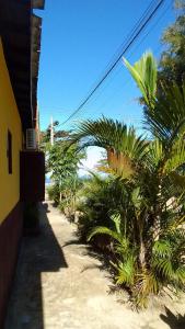 um passadiço com palmeiras ao lado de uma casa em Pousada Jolly Roger em Bertioga