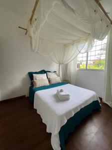 a bedroom with a white bed with a canopy at Villa Cristalline Douceur des Alizés in Belle-Allée