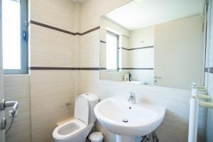 een badkamer met een wastafel, een toilet en een spiegel bij Koukaki apartment 3 bedrooms 6 pers. in Athene