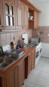 a kitchen with a sink and a stove top oven at Veronika Apartment in Székesfehérvár