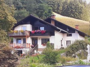 a house on a hill with flowers on the balcony at Apartmenthaus AMELIE in Lunz am See