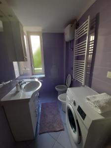 une salle de bains pourpre avec un lave-linge. dans l'établissement Casa Rita 37, à Vietri