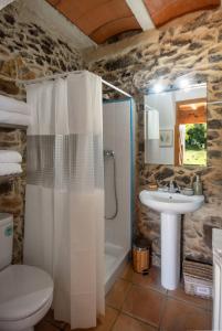 La salle de bains est pourvue d'un lavabo, d'une douche et de toilettes. dans l'établissement Apartamento duplex rural con chimenea y vistas panorámicas desde la cama, à San Martín Sacalm