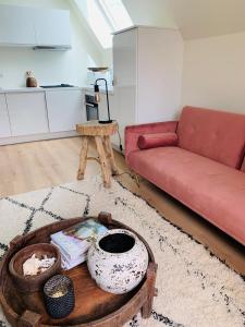 a living room with a couch and a table at appartement de charme, vue bassin, parking gratuit in Arcachon