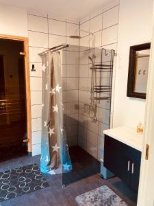 ein Bad mit Dusche und Duschvorhang in der Unterkunft Kopli puhkemaja Saaremaal in Kasti