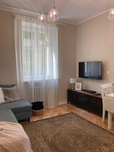 sala de estar con sofá y TV en Apartment BB II nad Deptakiem, en Krynica-Zdrój