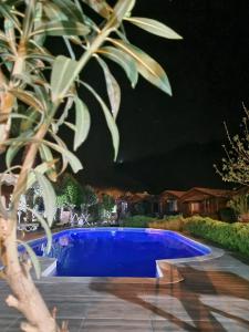 una piscina azul en un patio por la noche en Ada Adrasan Hotel en Kumluca